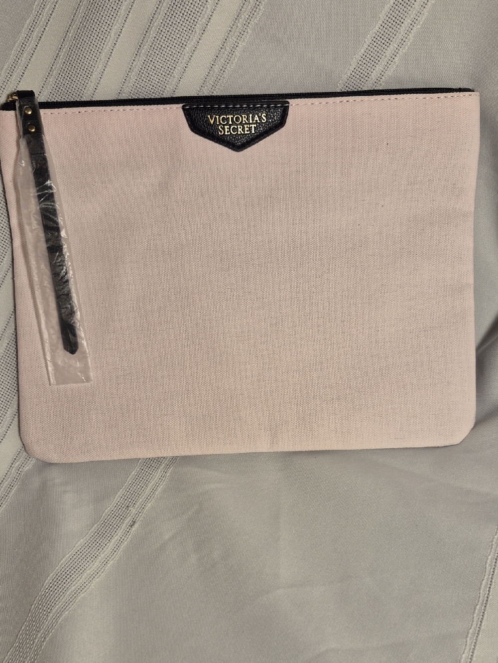 NWOT Victoria's Secret Light Pink Canvas Zip Clutch with Black Trim